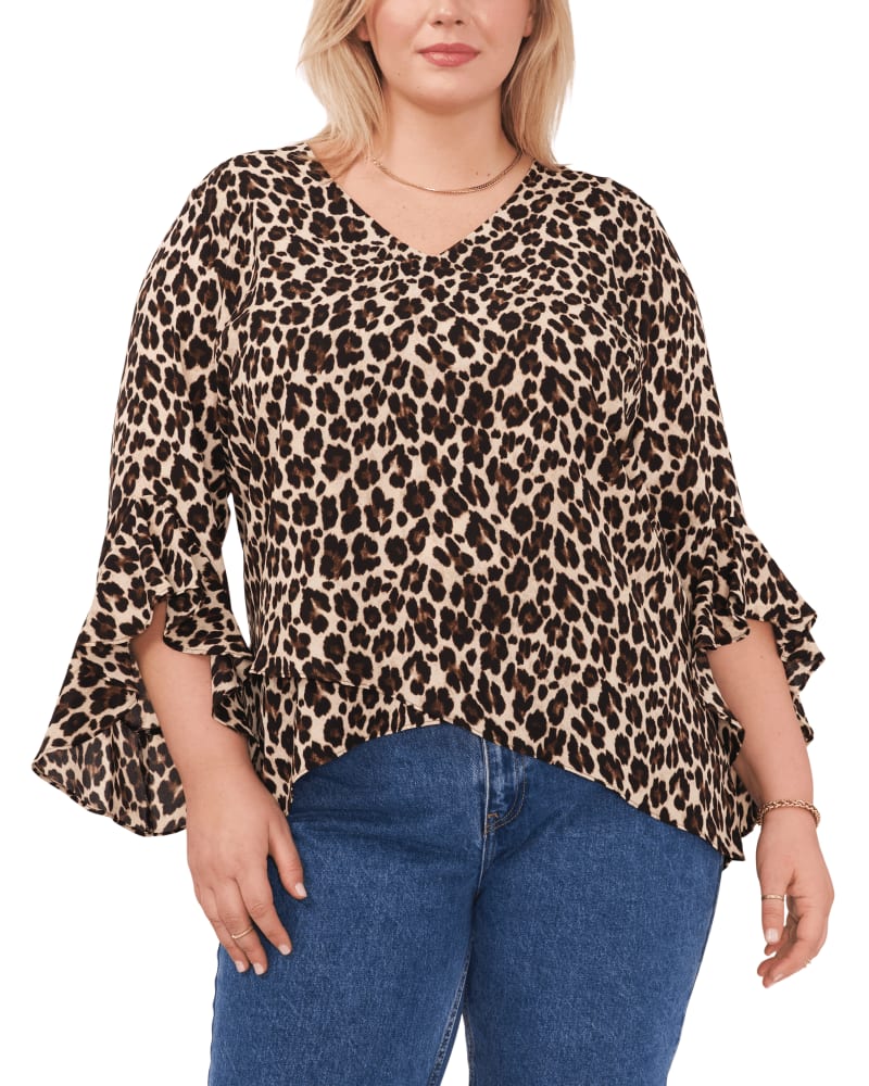 Front of a model wearing a size 1X Mara Leopard Blouse in RICH BLACK by Vince Camuto. | dia_product_style_image_id:260975